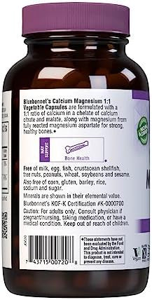 Bluebonnet Calcium Magnesium 1:1 Ratio Vegetarian Capsules 180 Count White