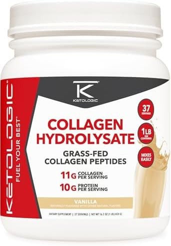 Ketologic Grass Fed Collagen Hydrolysate Powder (Vanilla) (1 Lb) 37 Servings 11 G Collagen Per Serving 10 G Protein Per Serving Grassfed Collagen Peptides