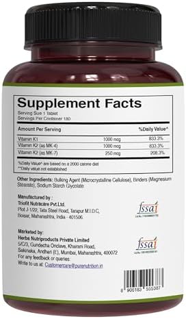 Pure Nutrition Vitamin K Complex K1 + K2 2250 Mcg 180 Tab Full Spectrum K Vitamin Supplement With K1 1000Mcg Non Gmo Gluten