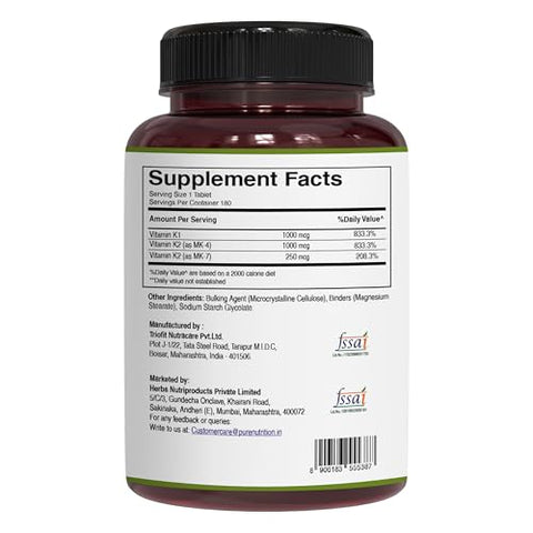 Pure Nutrition Vitamin K Complex K1 K2 2250 Mcg 180 Tab Full Spectrum K Vitamin Supplement With K1 1000Mcg Non Gmo Gluten Free