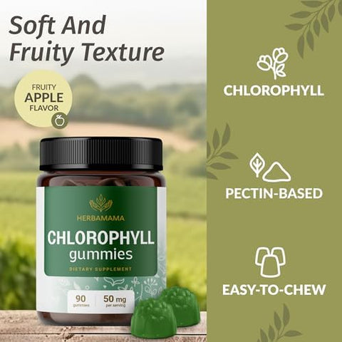 Herbamama Chlorophyll Detox Gummies - 50Mg Sodium Copper Chlorophyllin Internal Deodorant For Body Odor Support - Vegan Non-Gmo Antioxidant Supplement - 90 Pectin-Based Apple-Flavored Chews