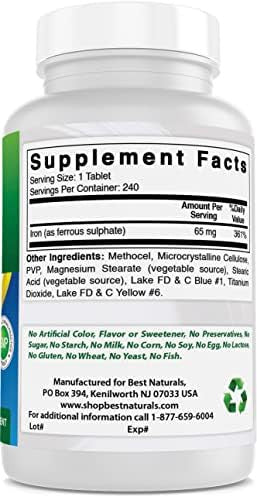 Best Naturals Iron Supplement 65 Mg 240 Tablets Nongmo & Gluten
