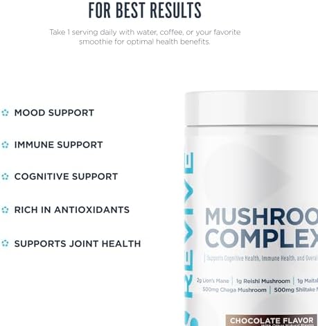 Revive Md Mushroom Powder Chocolate - Mushroom Supplement Supports Focus Cognitive Immune & Brain Health With A Blend Of Lion'S Mane Reishi Chaga Shiitake & Maitake - Gluten- - 30 Servings