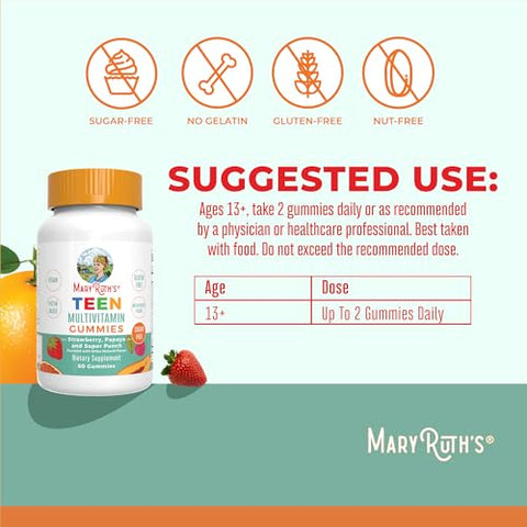 Maryruth'S Multivitamin Gummies For Teens Vitamin D3 A C E B6 B12 Zinc Iodine Biotin Immunity Tissue Vision & Skin Health Vegan Non-Gmo Sugar Free Gluten Free 60 Count