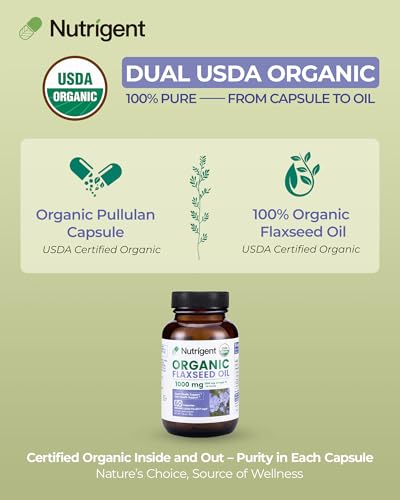Nutrigent Usda Certified Organic Flaxseed Oil 1000 Mg Cold Pressed 100 Pure With Plant-Based Omega 3 Ala Essential Fatty Acids For Heart & Skin Health 60 Capsules