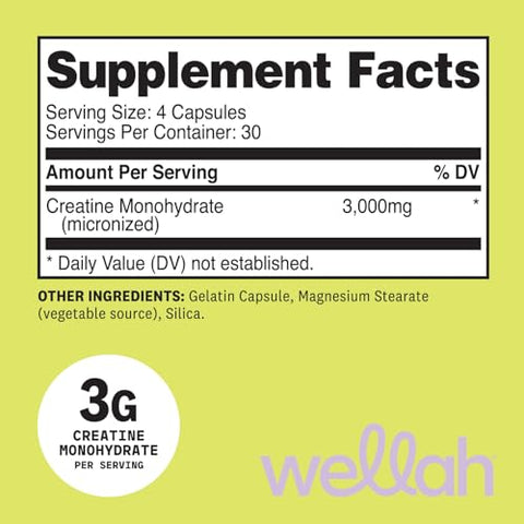 Wellah Creatine Monohydrate Capsules (3000 Mg) 120 Capsules - Micronized Creatine 30 Servings