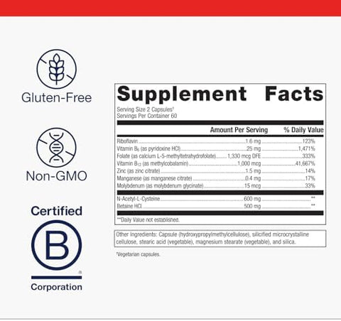 Metagenics MethylCare Folate L5MTHF Methyl B12 B6 NAC and Betaine HCl Supports Homocysteine Metabolism Methylation and Heart Health NonGMO and GlutenFree 120 Capsules