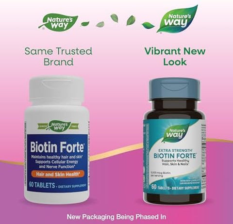 NatureS Way Extra Strength Biotin Forte Supports Healthy Hair Skin and Nails 5000 Mcg Per Serving High Potency BVitamins Vitamin C 60 Vegan Tablets (Packaging May Vary)