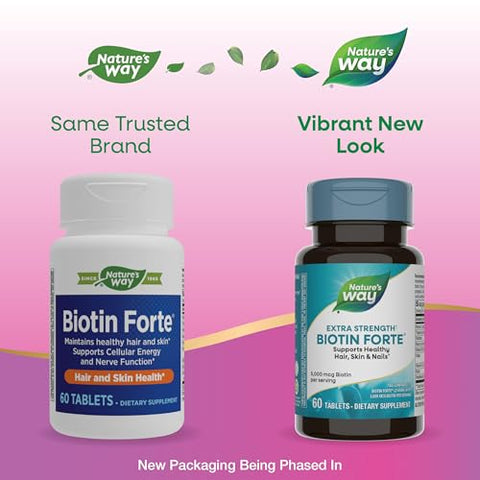 Nature'S Way Extra Strength Biotin Forte Supports Healthy Hair Skin & Nails 5000 Mcg Per Serving High Potency B-Vitamins Vitamin C 60 Vegan Tablets (Packaging May Vary)