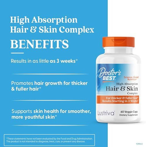 High Absorption Hair and Skin Complex Clinically Shown To Grow Thicker Healthier Hair In 3 Weeks Supports Hair Growth and Skin Health NonGmo Gluten Soy Vegan 60 Veggie Capsules