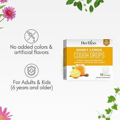 Herbion Naturals Cough Drops Honey Lemon Flavor Soothing Dietary Supplement For Adults & Children (6+) 18 Drops No Artificial Flavors Or Colors