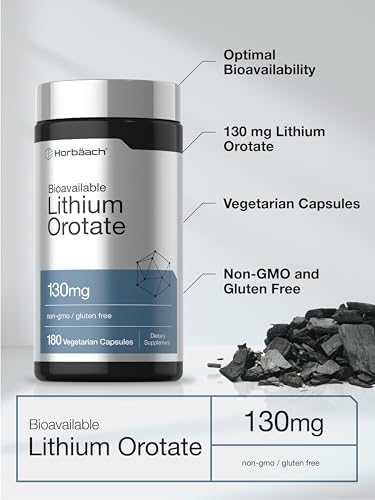 Horbaach Lithium Orotate 130mg 180 Capsules NonGMO Gluten Free Vegan 5mg Bioavailable Elemental Lithium