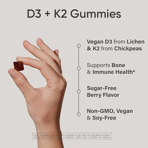 Sports Research Vegan Vitamin D3 K2 Sugar-Free Gummies - 125Mcg (5000Iu) Vitamin D W/ 100Mcg Mk7 Vitamin K - Supports Bone & Immune Health - Vegan Certified Non-Gmo Soy Free 60 Count