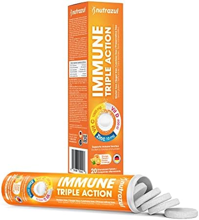 Nutrazul Immune Triple Action Effervescent Tablets - Vitamin C 1000 Mg Vitamin D 400 Iu Zinc 10Mg I Orange (Pack Of 5X20) Gluten Sugar Lactose & Preservative