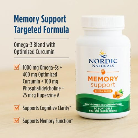 Nordic Naturals Memory Support With Curcumin - 60 Soft Gels - 1000 Mg Omega-3 400 Mg Optimized Curcumin - Memory Cognition - Contains Phosphatidylcholine & Huperzine A - Non-Gmo 30 Servings
