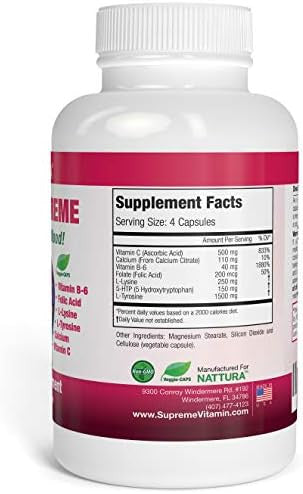 Nattura 5-HTP Supreme - for Positive Mood Relaxation and Appetite Control - with 5-HTP L-Tyrosine L-Lysine Vitamin B6 Folate (Folic Acid) Vitamin C (Ascorbic Acid) Calcium - 90 Capsules