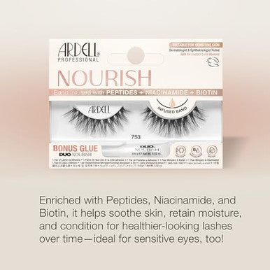 Ardell Nourish Lashes 753 Wispy Natural False Eyelashes with Peptides & Biotin Infused Band Lash Glue Included Fluffy Strip Lashes for Sensitive Eyes