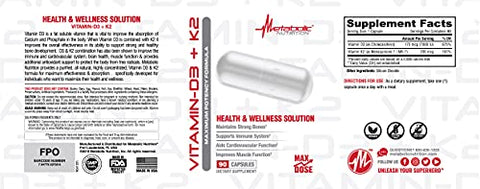 Metabolic Nutrition Vitamin D3 K2 Bone And Heart Health Formula Immune Support 90 Veggie Caps 7000Iu Per Capsule Max Dose
