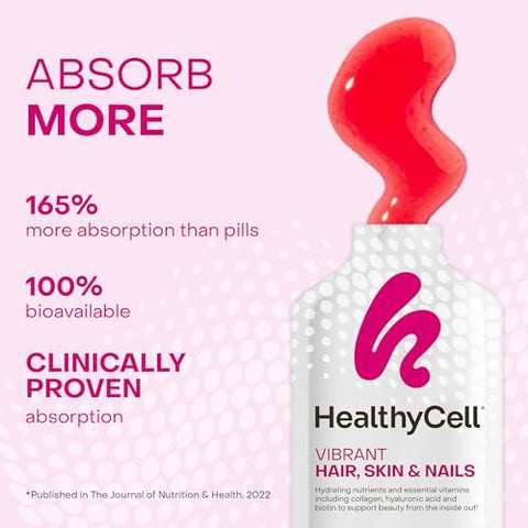 Healthycell Vibrant Hair Skin & Nails Daily Liquid Supplement - Beauty Supplements With Hydrating Nutrients & Essential Vitamins - Collagen Biotin & Hyaluronic Acid - 30 Gel Packs