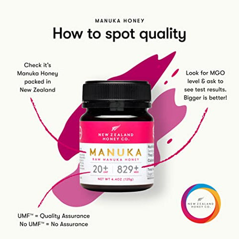 New Zealand Honey Co. Raw Manuka Honey UMF 20+ | MGO 829+ 4.4oz, UMF Certified & Bamboo Spoon 12cm