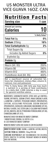 Monster Energy Ultra Vice Guava, Sugar Free Energy Drink, 16 Ounce (Pack of 15)