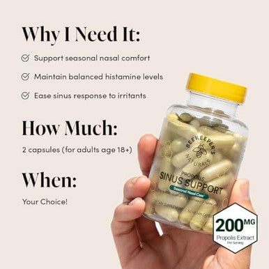 Beekeeper'S Naturals All Natural Sinus Support For Adults, Seasonal Nasal Care Relief With Propolis, Quercetin, Bromelain, Nettle Leaf, & Vegan Capsule, Blocks Or Suppresses Histamine, 60 Ct