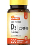 Sundance High Potency D3 2000 IU 200 Quick Release Softgels Essential Vitamin Formula NonGMO and Gluten Free Supplement