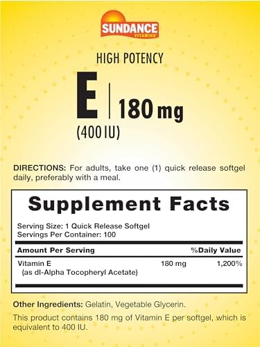 Sundance Vitamin E 180Mg (400 Iu) 100 Quick Release Softgels High Potency Formula Nongmo And Gluten Supplement
