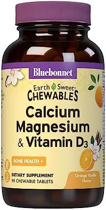 Bluebonnet Nutrition Calcium Magnesium Plus Vitamin D3 Earthsweet Bone Health & Muscle Relaxation Soy Gluten Kosher Dairy 90 Vanilla Flavored Chewable Tablets