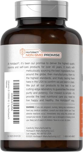 Horbaach Vitamin D3 10000 IU 500 Softgels NonGMO Gluten Free Supplement Value Size 250mcg High Potency Formula