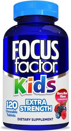 Focus Factor Kids Extra Strength Daily Chewable for Brain Health Support 120 Count Vitamins Quality Formula Gluten and Dairy Free Supplements for Children No Artificial Sweetener