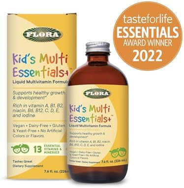 Flora Kid'S Multi Essentials Plus Liquid Multivitamin Formula Supports Immune System & Healthy Growth Vitamins A C E D & B12 Vegan Gluten & Dairy 7.6 Fl. Oz. Glass Bottle