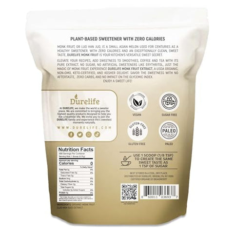 Durelife Organic 100% Pure Monk Fruit sweetener, No Erythritol, Monkfruit Extract Powder 10 OZ and DureLife XYLITOL Sugar Substitute 1 LB (16 OZ) Made From 100% Pure Birch Xylitol NON GMO