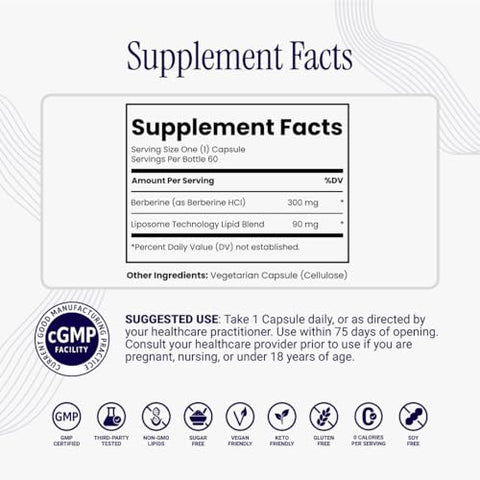 Rho Nutrition Liposomal Berberine Capsules - Ultra High Absorption Supplement Supports Immune Function Gut Health And Metabolic And Cardiovascular Health (60 Capsules)