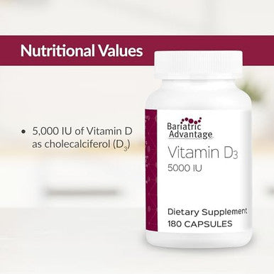 Bariatric Advantage Vitamin D3 5000 Iu Bariatric Vitamin D Watermiscible Bone Strength Support Vitamin D Capsule Easy Swallow Capsule For Bariatric Patients 180 Count