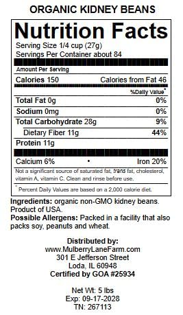 Kidney Beans, Dark Red, 5 Pounds Dried, USDA Certified Organic, Non-GMO Bulk, Product of USA, Mulberry Lane Farms