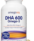 Omegavia Dha 600 Mg Ultra Pure Omega3 Dha Supplements For Brain And Eyes Dha Prenatal Vitamins For Women Burpless Fish Oil Omega 3 Ifos Tested 120 Softgels