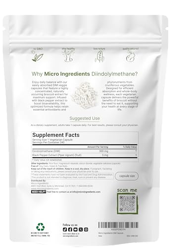 Micro Ingredients Dim Active Supplement Dim 300Mg 240 Veggie Capsules (8-Month Supply) 2 In 1 Formula Estrogen Metabolism Premium Dim-Plus Broccoli Extract Supplement With Black Pepper For Better Absorption
