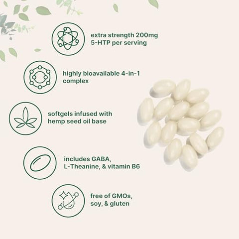Micro Ingredients 5-Htp 200Mg 240 Softgels Extra Strength 5-Hydroxytryptophan Complex With Gaba L-Theanine Vitamin B6 Highly Bioavailable With Hemp Seed Oil Carrier Non-Gmo