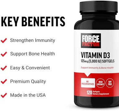 Force Factor Vitamin D3 5000 Iu Softgels Highpotency Vitamin D Supplement To Support Immunity And Bone Health Premium Quality No Preservatives 120 Softgels