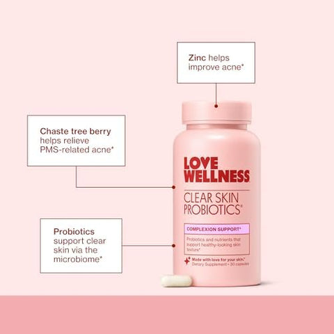 Love Wellness Clear Skin Probiotic Clear Up Hormonal Acne Pimples Redness & Pore Minimizer Skin Care With Zinc Bifidobacterium Longum & Chaste Tree Fruit Extract Acne Treatment 30 Count