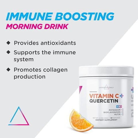 Livingood Daily High Dose Vitamin C Powder Supplement 2600 Mg Ascorbic Acid Powder Supports Immunity & Skin Health Powdered Vitamin C With Quercetin Sweetened With Stevia Vegan 30 Servings