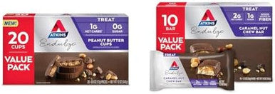 Atkins Endulge Peanut Butter Cups Dessert Favorite Low Carb 0G Sugar 20 Count & Endulge Caramel Nut Chew Bar Dessert Favorite 1G Sugar Good Source Of Fiber Low Sugar 10 Count