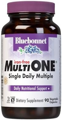 Bluebonnet Nutrition Multi One (Iron ) Vegetable Capsules Complete Full Spectrum Multiple B Vitamins General Health Gluten & Milk Kosher 3 Month Supply White 90 Count