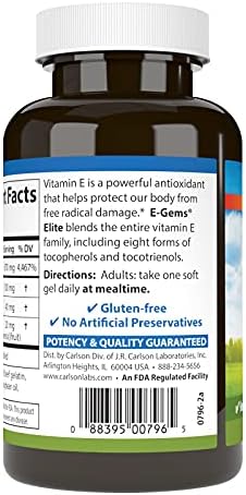 Carlson EGems Elite 1000 IU (670 mg) Vitamin E with Tocopherols and Tocotrienols Optimal Wellness 60 Softgels