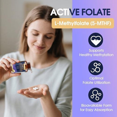 Totaria L Methylfolate 15Mg 5-Mthf With B-Complex & Dual Magnesium Active 5-Mthf Form + Methyl B12 Supports Methylation, Cellular Function & Energy Metabolism Non-Gmo, Gluten (120 Capsules)