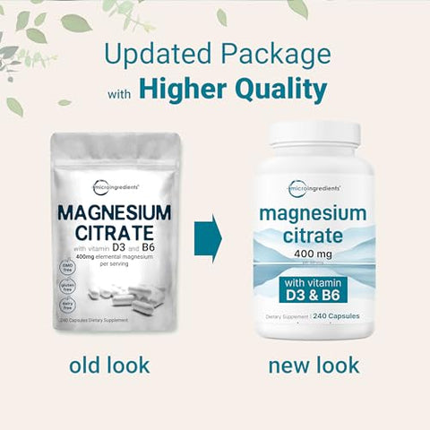 Micro Ingredients Magnesium Citrate 400Mg 240 Capsules With Vitamin D3 1000Iu & B6 Muscle Heart & Digestive Health Elemental Mineral & Vitamins Complex Non-Gmo