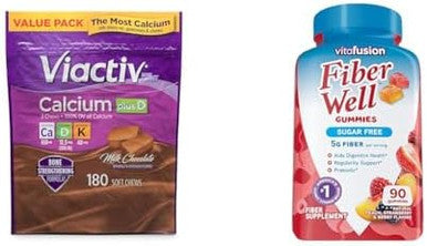 Viactiv Calcium Plus Vitamin D Supplement Soft Chews Brown Milk Chocolate 180 Count & Vitafusion Fiber Well Sugar Fiber Supplement Peach Strawberry And Blackberry Flavored
