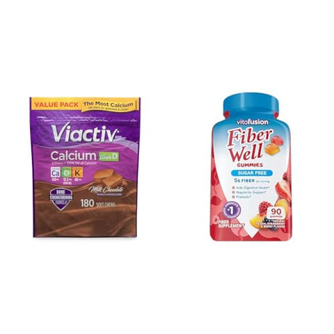Viactiv Calcium Plus Vitamin D Supplement Soft Chews Brown Milk Chocolate and Vitafusion Fiber Well Sugar Fiber Supplement Peach Strawberry and BlackBerry Flavored 180 Count