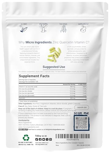 Micro Ingredients Quercetin With Vitamin C And Zinc 240 Capsules Quercetin 500Mg Vitamin C 500Mg Zinc 50Mg (Picolinate Citrate Glycinate Gluconate) Complete Immune Support Supplements